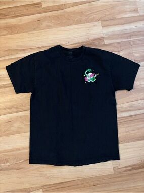 Black Short-Sleeve Tee with Green & Pink Dragon Chest Graphic